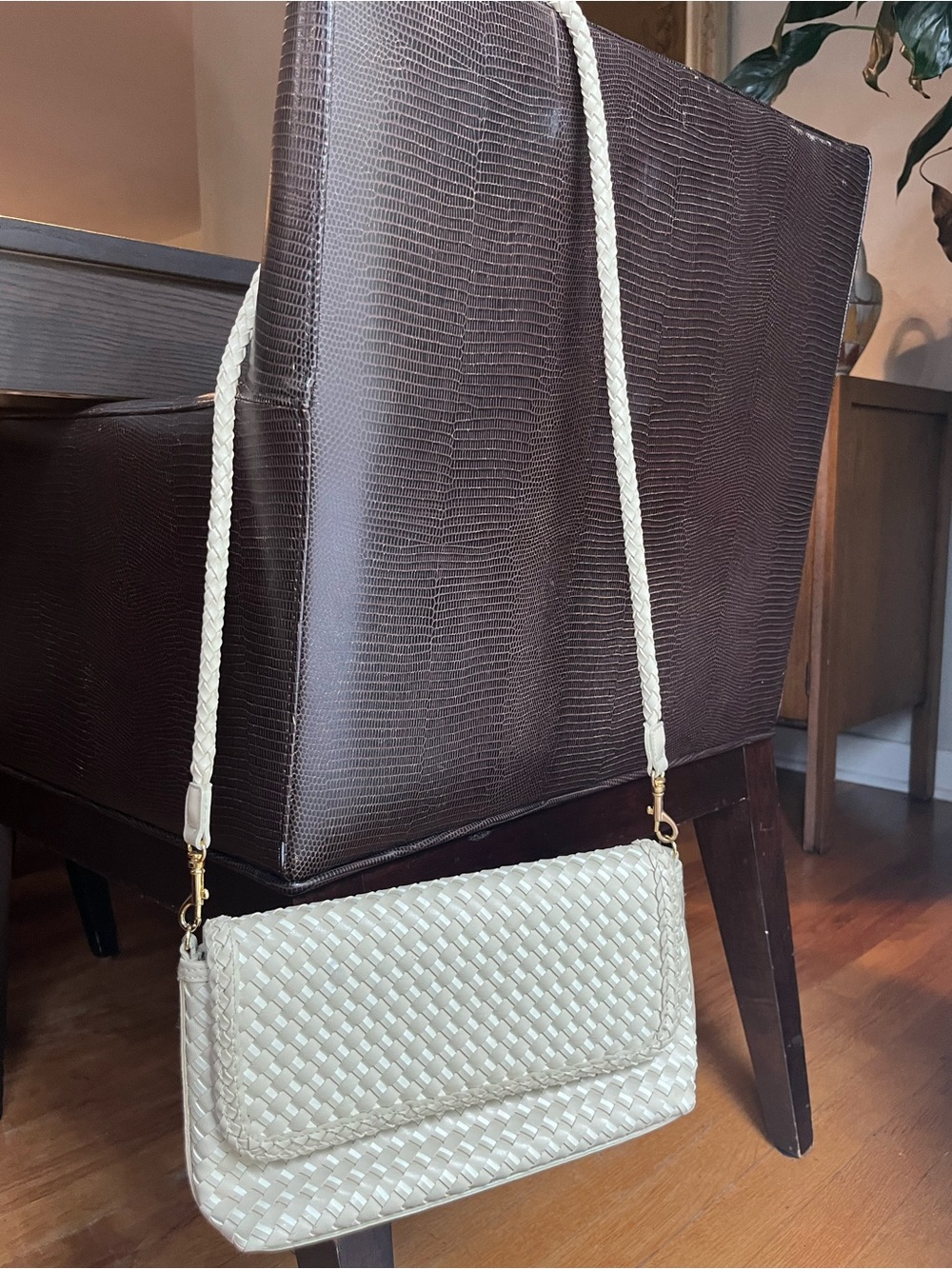 Vintage Warren Reed Ivory Woven Crossbody Bag Braided Strap Boho Chic